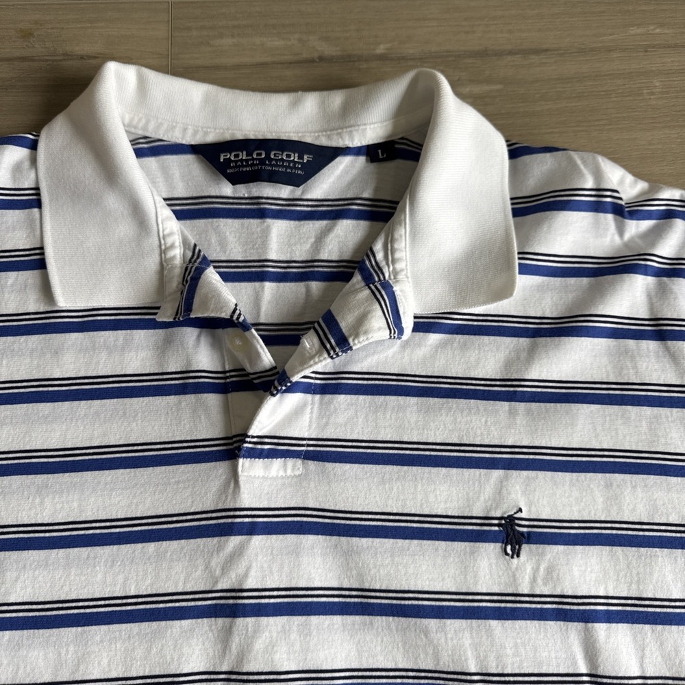 Ralph Lauren Polo Golf Cotton Shirt Men's L White Blue Stripe Short Sleeve